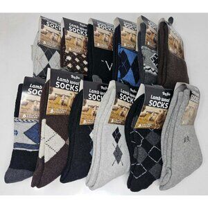 Men's Lamb Wool Crew Socks 12 Pack Size 10-13, Assorted Prints, Warm Winter Wear